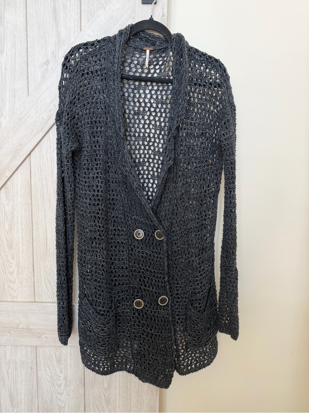 Free People Black Open-Weave Double-Breasted Cardigan